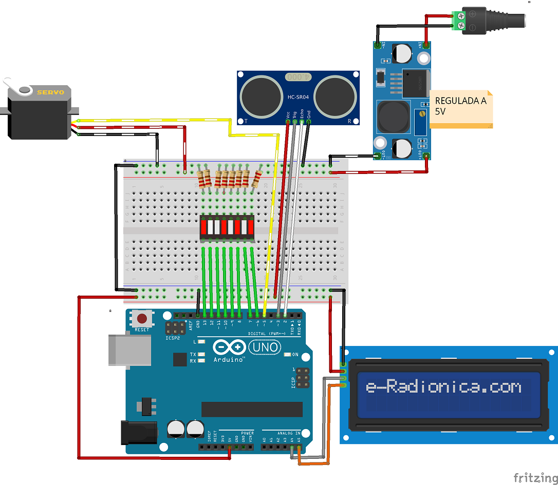 Diagrama Fritzing del Radar Visual Completo uniendo HC-SR04, LCD I2C, Servo SG90 y Barra de 8 LEDs
